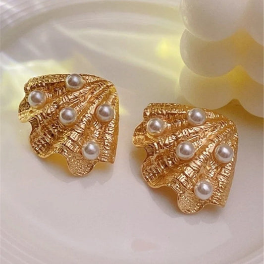 Vintage Gold Shell Pearl Earrings-Maryam Jewelry