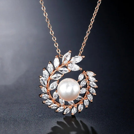 Rose Gold Wreath Pearl Pendant Necklace-Maryam Jewelry