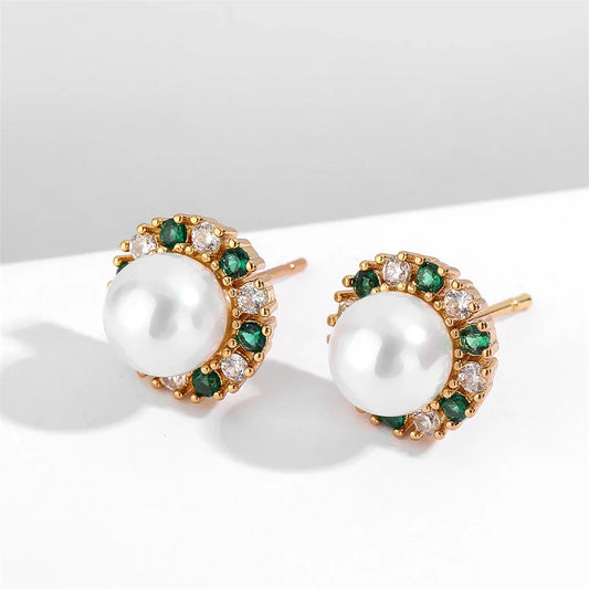Vintage Green & White Pearl Stud Earrings-Maryam Jewelry