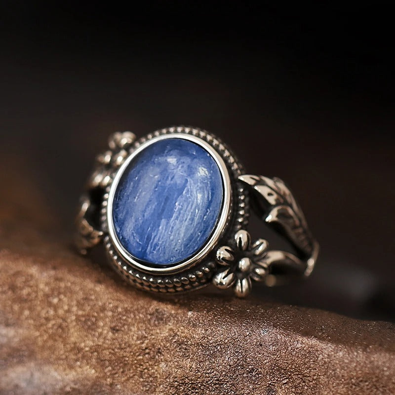 Vintage Floral Royal Blue Silver Ring-Maryam Jewelry