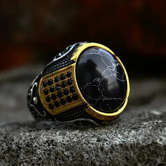 Vintage Black Marble Gold Ring-Maryam Jewelry