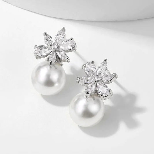 Vintage Silver Flower & Pearl Earrings-Maryam Jewelry