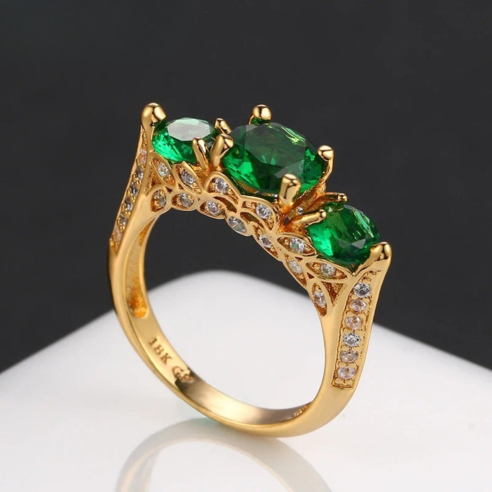 Classic Gold Three-Green Gem & Silver Accent Ring-Maryam Jewelry