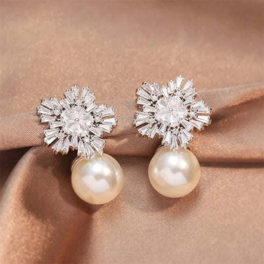 Vintage Snowflake Pearl Drop Earrings-Maryam Jewelry