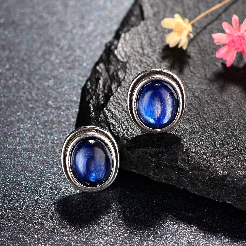 Silver Midnight Blue Gem Earrings-Maryam Jewelry