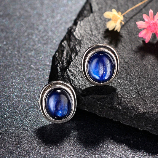 Silver Midnight Blue Gem Earrings-Maryam Jewelry