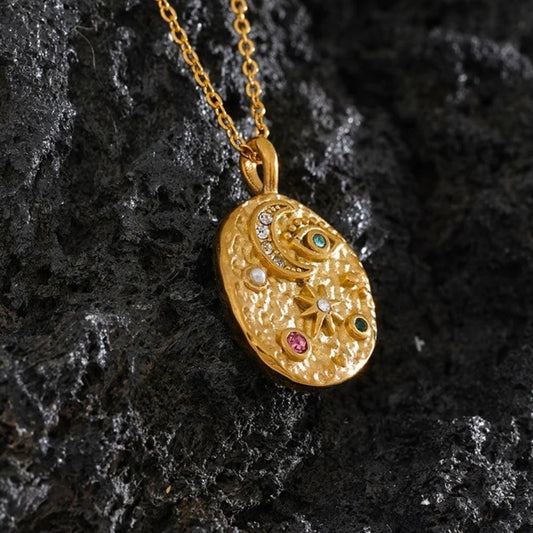 Vintage Gold Moon & Star Pendant Necklace-Maryam Jewelry