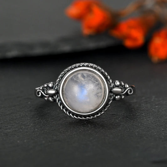 Vintage Silver Round Moonstone Ring-Maryam Jewelry