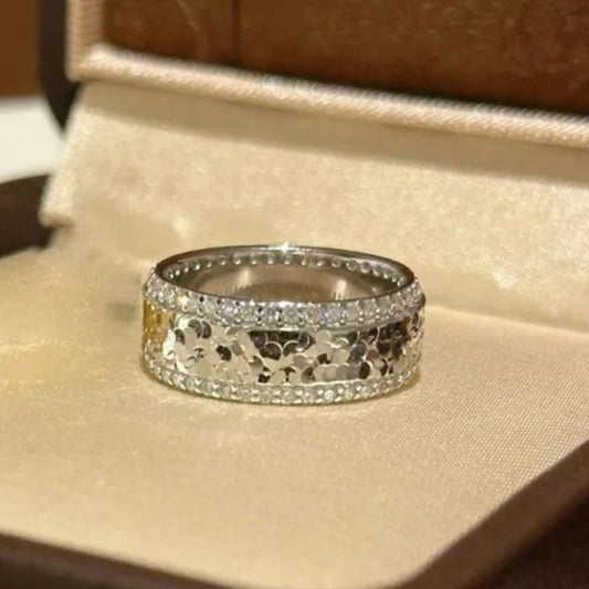 Classic Silver & Diamond Studded Sequin Crushed Ice Ring-Maryam Jewelry