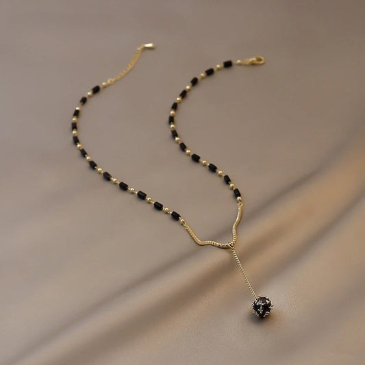 Vintage Gold Black Bead Drop Necklace-Maryam Jewelry