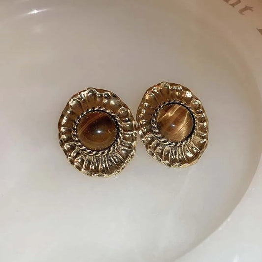 Vintage Gold Brown Oval Stud Earrings-Maryam Jewelry