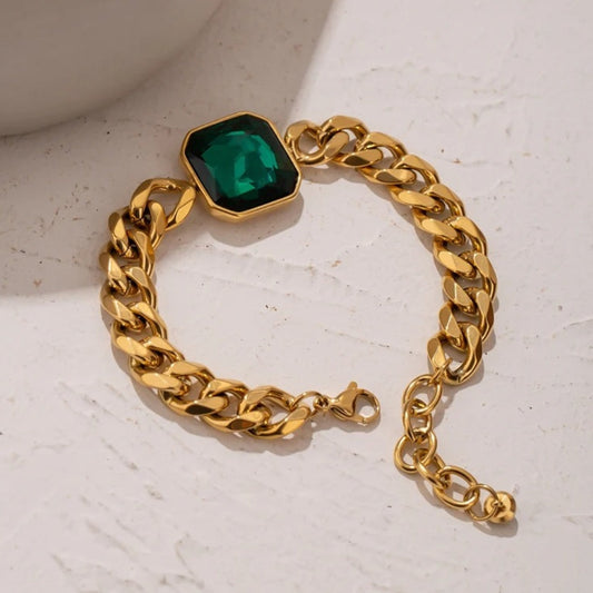 Vintage Gold Green Stone Chain Bracelet-Maryam Jewelry