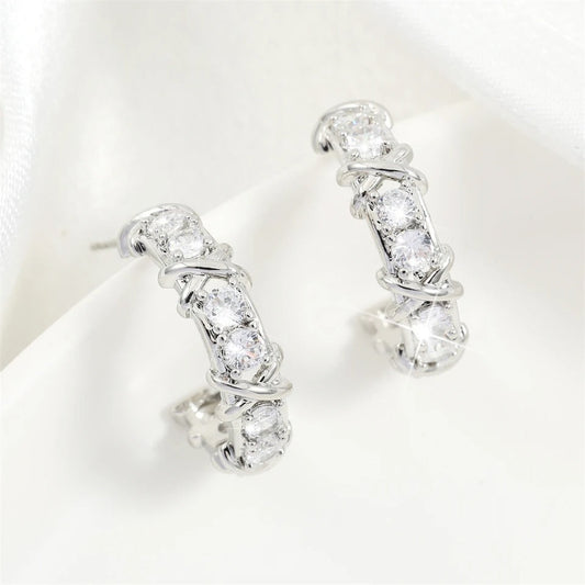 Vintage Silver Crystal Hoop Earrings-Maryam Jewelry