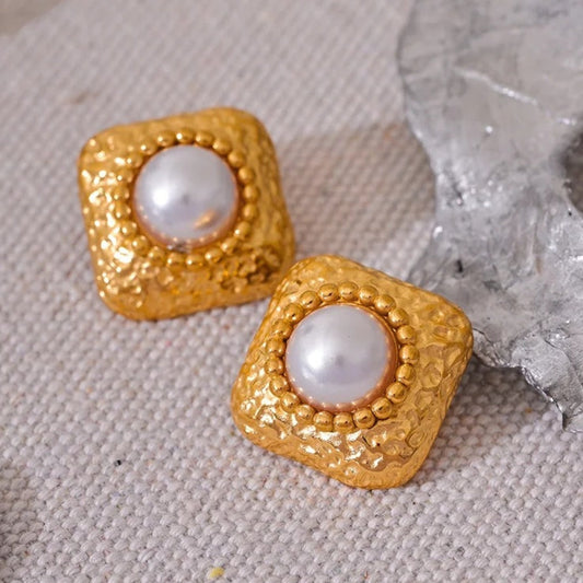 Vintage Square-Shaped Gold Stud Earrings-Maryam Jewelry