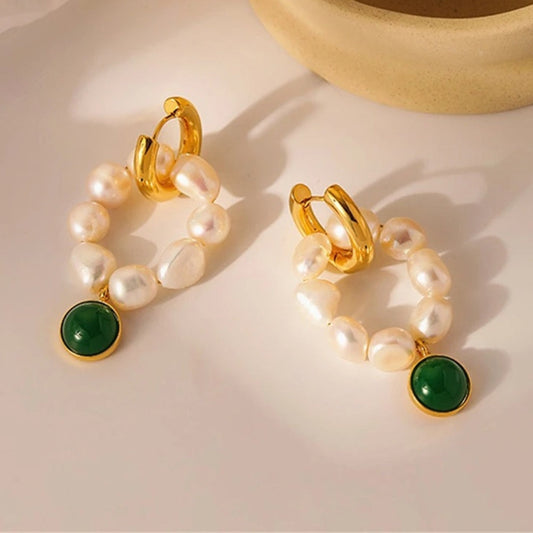 Gold Freshwater Pearl & Green Stone Hoop Earrings-Maryam Jewelry
