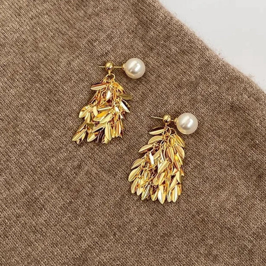 Gold Leaf Dangle Pearl Earrings-Maryam Jewelry