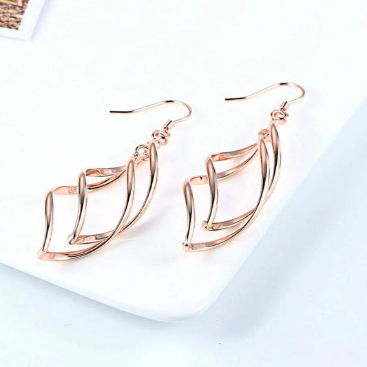 Rose Gold Intricate Wavy Layer Pattern Drop Earrings-Maryam Jewelry