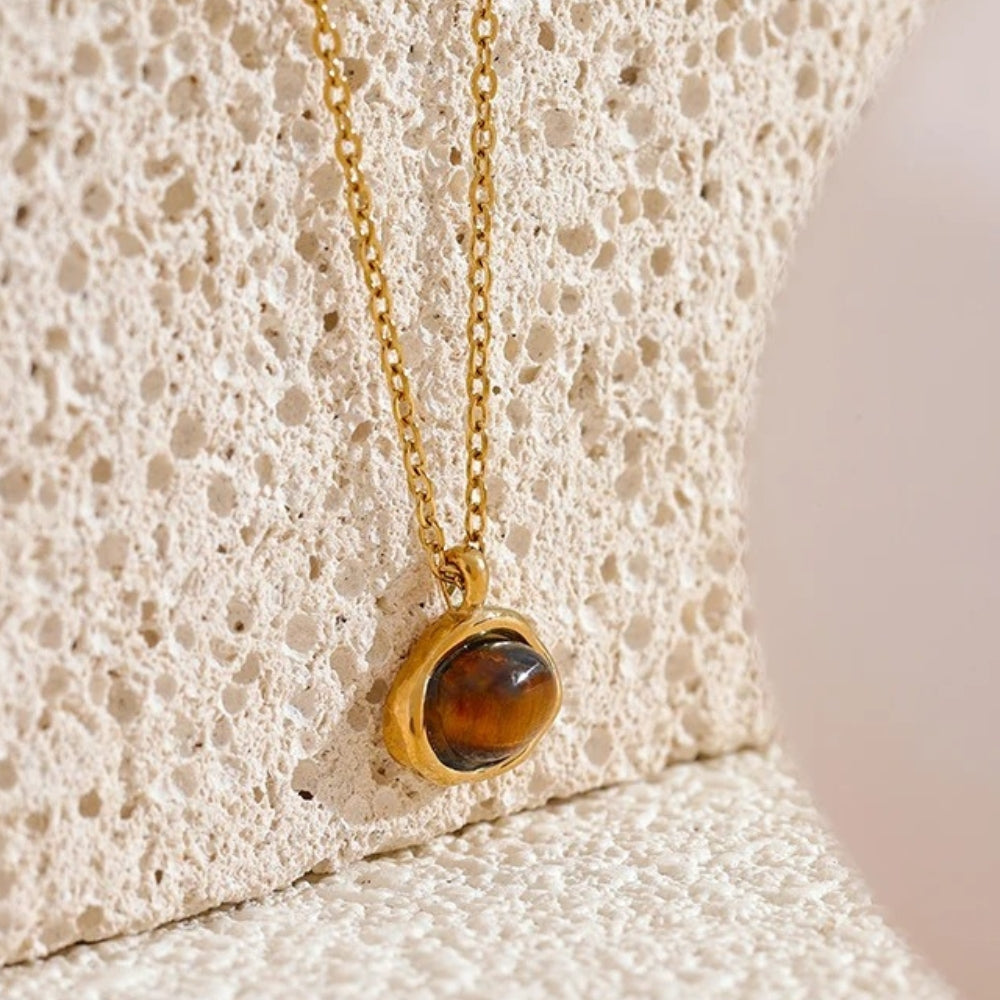 Gold Round Brown Gem Pendant Necklace-Maryam Jewelry