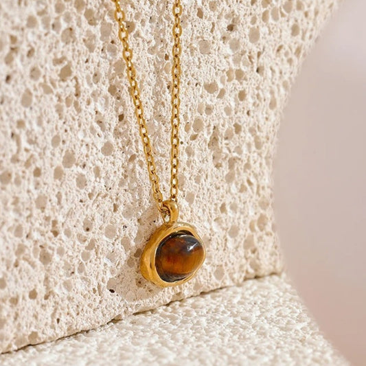 Gold Round Brown Gem Pendant Necklace-Maryam Jewelry