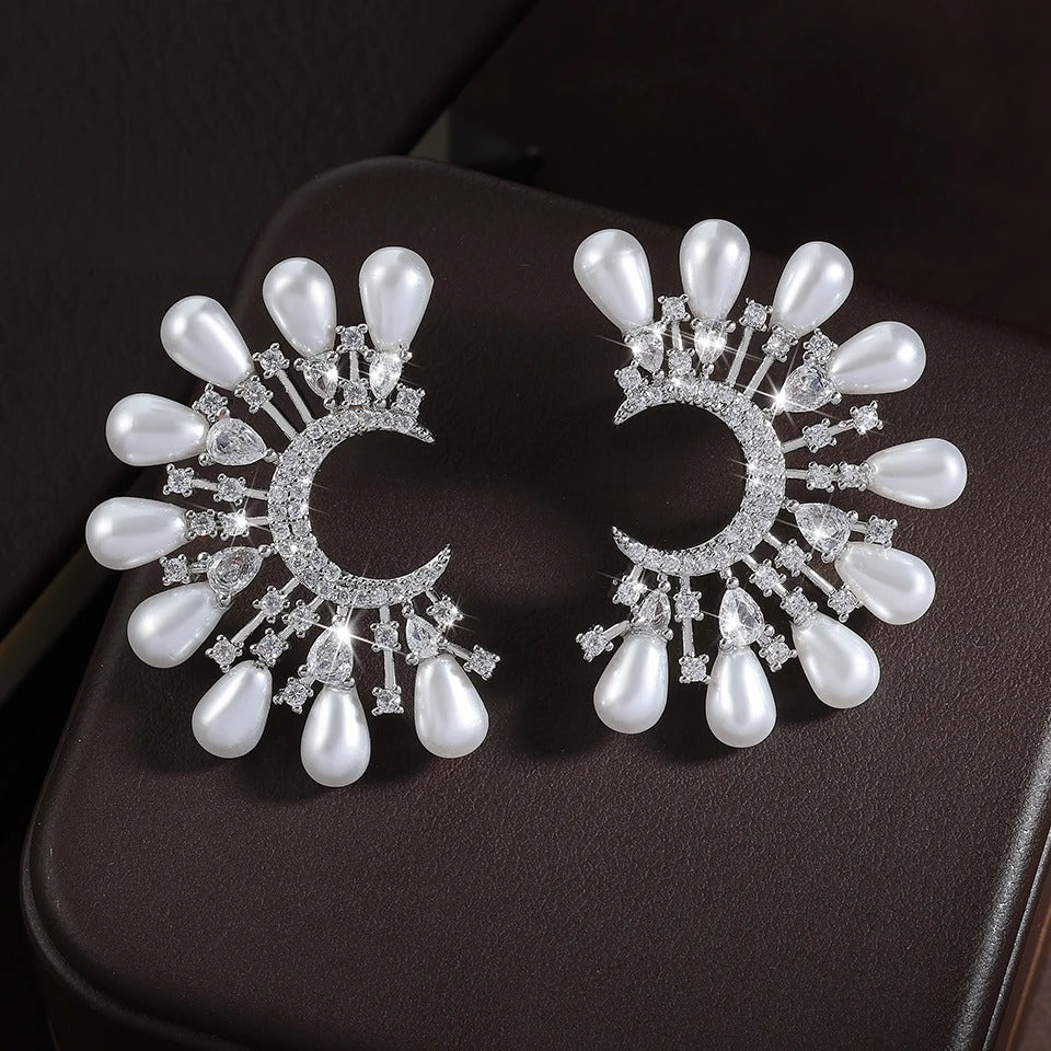 Vintage Moon & Pearl Silver Earrings-Maryam Jewelry