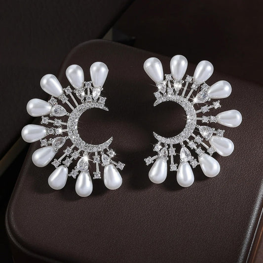 Vintage Moon & Pearl Silver Earrings-Maryam Jewelry