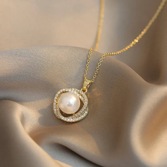 Gold Twisted Circle Pearl Pendant Necklace-Maryam Jewelry