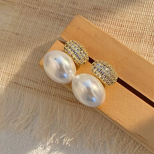 Gold Oval Pearl Drop Stud Earrings-Maryam Jewelry