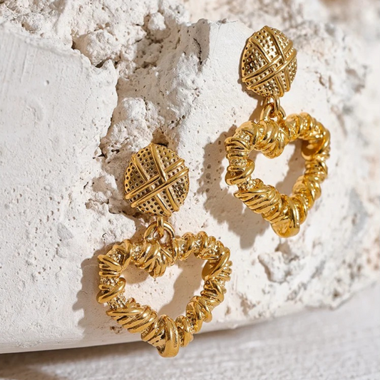 Vintage Gold Textured Heart Earrings-Maryam Jewelry