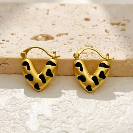 Gold & Black Spot Heart Shaped Earrings-Maryam Jewelry