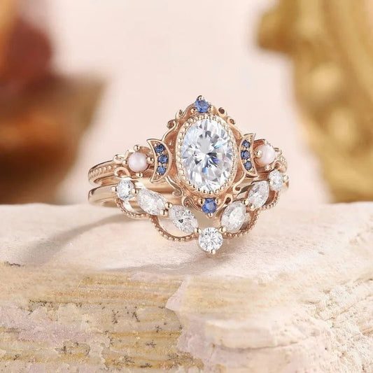 Vintage Rose Gold Pearl & Blue Stone Ring-Maryam Jewelry