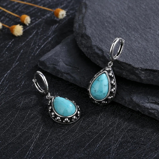 Vintage Silver Turquoise Teardrop Earrings-Maryam Jewelry