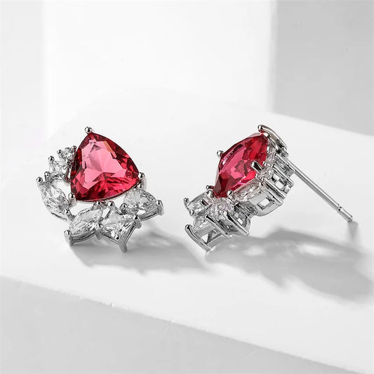 Vintage Silver Red Crystal Stud Earrings-Maryam Jewelry