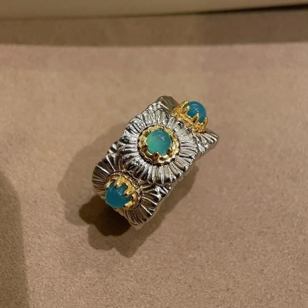 Classic Silver & Gold Floral Design Turquoise Adjustable Ring-Maryam Jewelry