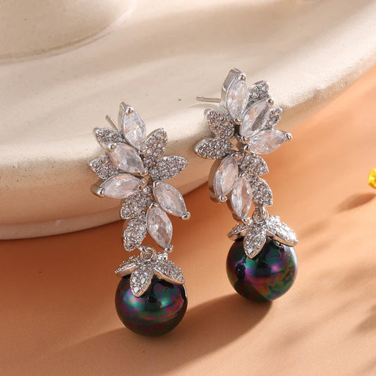 Silver Vintage Crystal & Dark Pearl Earrings-Maryam Jewelry