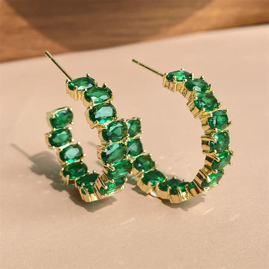 Gold Green Gemstone Hoop Earrings-Maryam Jewelry