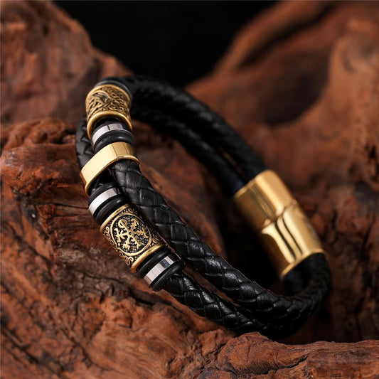 Black Woven Leather & Gold Charm Bracelet-Maryam Jewelry