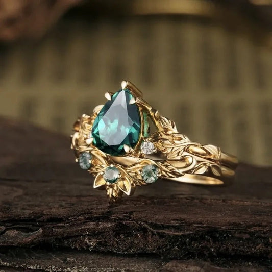 Vintage Floral Green Stone Ring-Maryam Jewelry