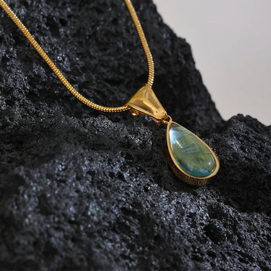Vintage Green Glass Crystal Water Drop Pendant Necklace-Maryam Jewelry