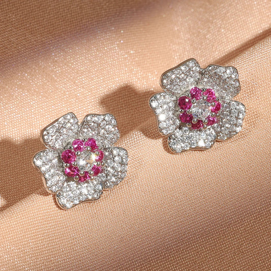 Vintage Silver Pink Flower Earrings-Maryam Jewelry
