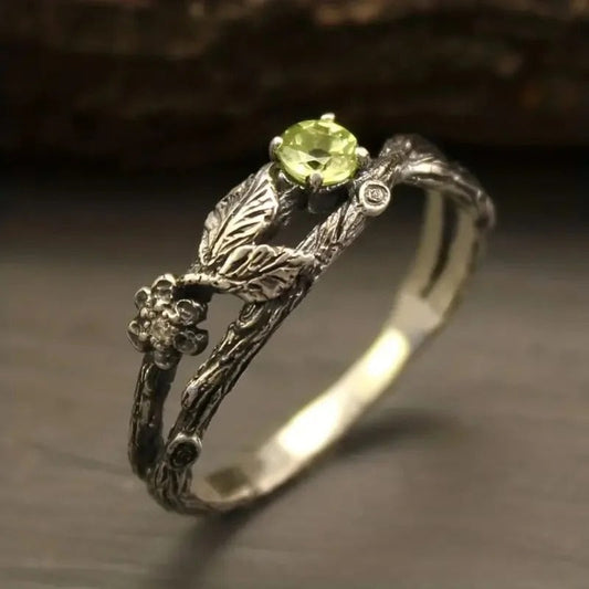 Vintage Green Stone Leaf Silver Ring-Maryam Jewelry