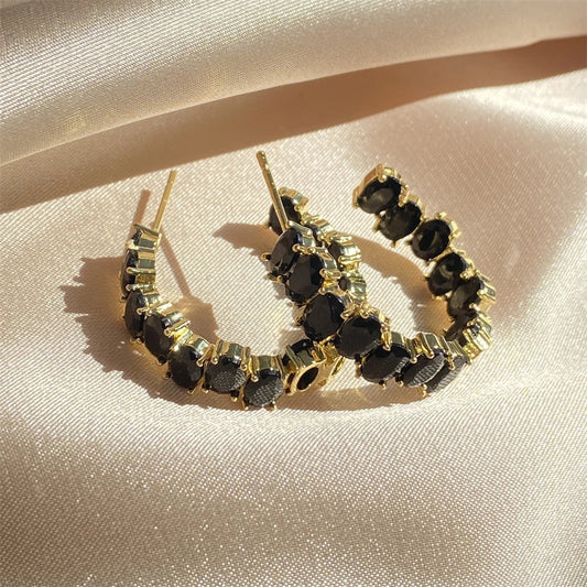 Vintage Gold Black Crystal Hoop Earrings-Maryam Jewelry
