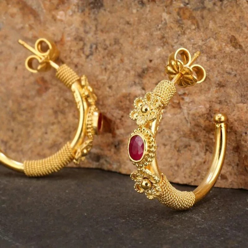 Gold Floral Hoop Red Stone Earrings-Maryam Jewelry