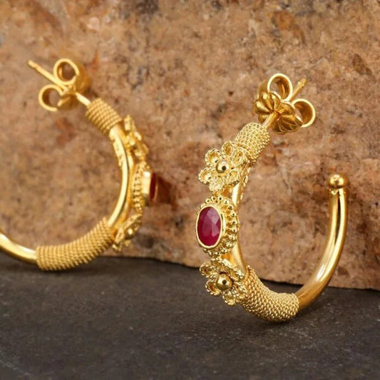 Gold Floral Hoop Red Stone Earrings-Maryam Jewelry