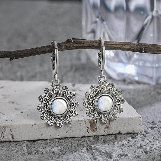 Silver Floral Moonstone Drop Earrings-Maryam Jewelry