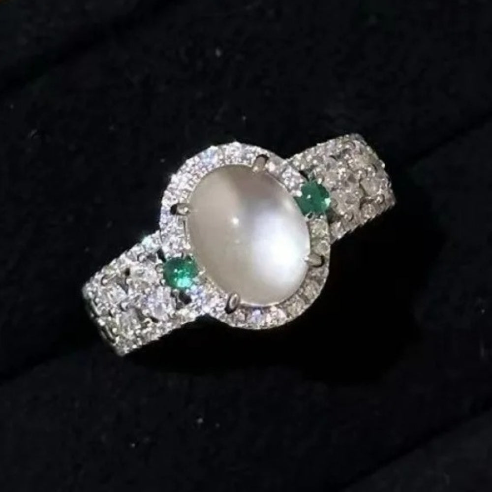 Retro Silver White & Green Gemstone Moonstone Adjustable Ring-Maryam Jewelry