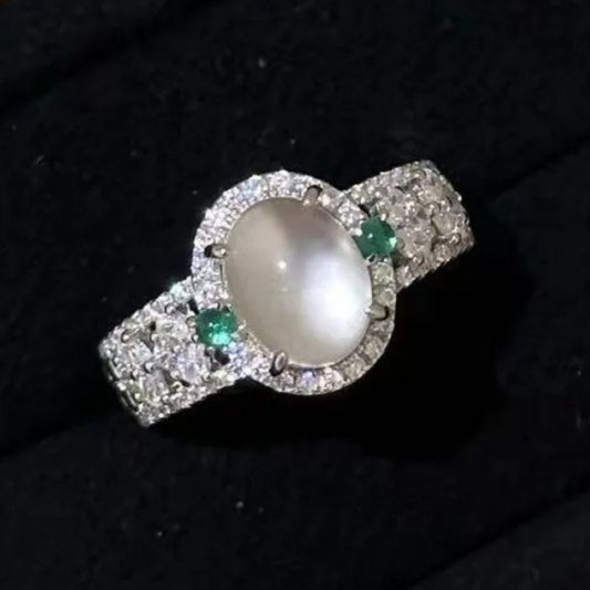 Retro Silver White & Green Gemstone Moonstone Adjustable Ring-Maryam Jewelry