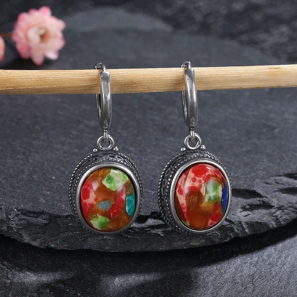 Silver Multicolor Oval Earrings-Maryam Jewelry