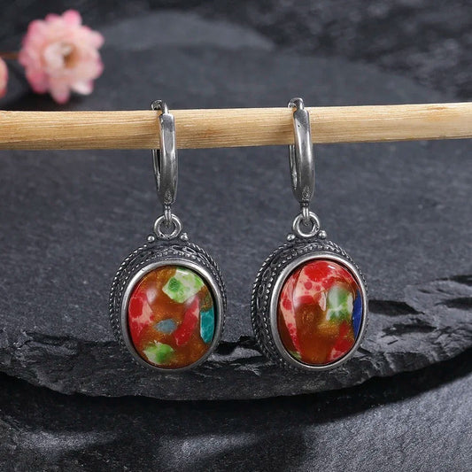 Silver Multicolor Oval Earrings-Maryam Jewelry