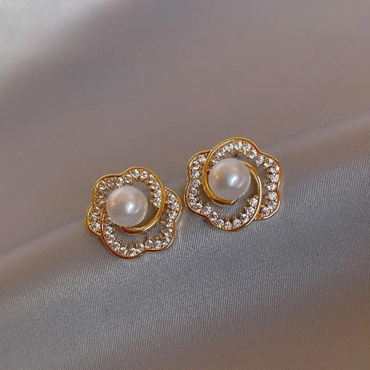 Vintage Gold Flower & Pearl Stud Earrings-Maryam Jewelry