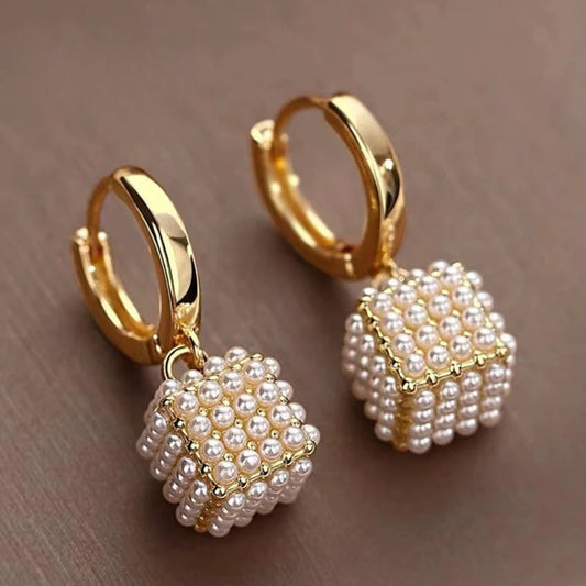 Vintage Gold & Pearl Cube Earrings-Maryam Jewelry